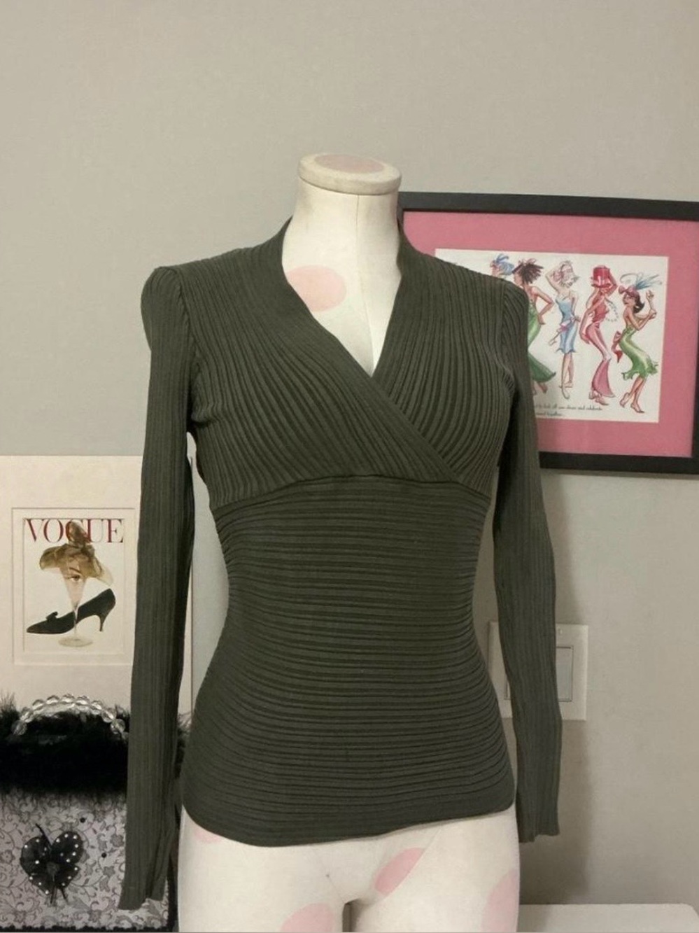 Ribbed Olive Wrap V-Neck Women's Sweater